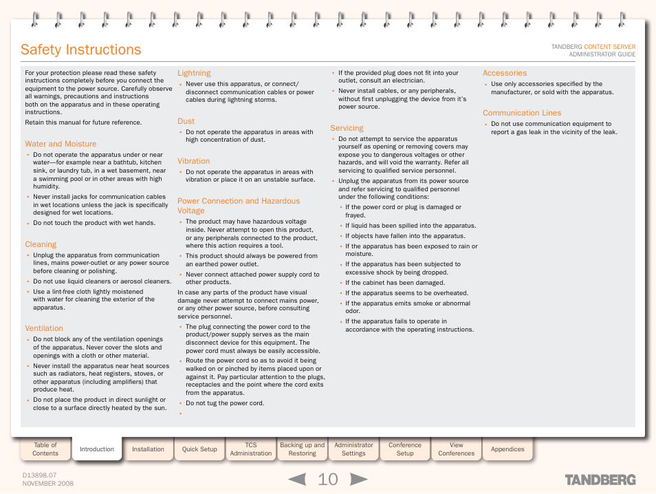 Safety instructions | TANDBERG 1D13898.07 User Manual | Page 10 / 137