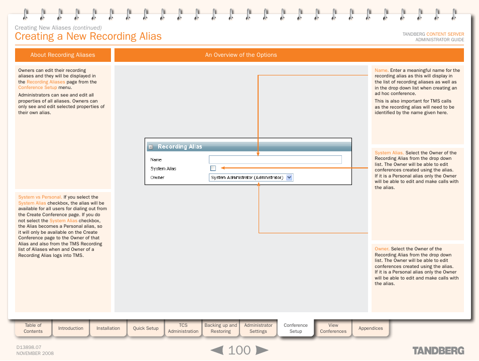 Creating a new recording alias, About recording aliases, An overview of the options | About recording aliases an overview of the options | TANDBERG 1D13898.07 User Manual | Page 100 / 137