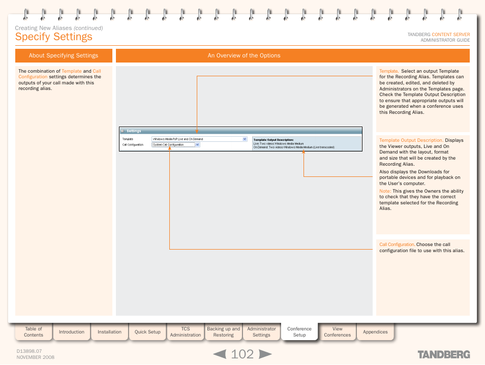 Specify settings, About specifying settings, An overview of the options | TANDBERG 1D13898.07 User Manual | Page 102 / 137
