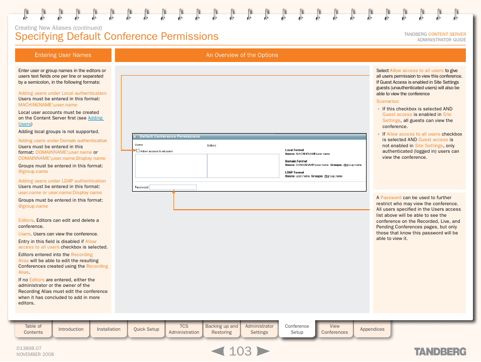 Specifying default conference permissions, Entering user names, An overview of the options | Entering user names an overview of the options | TANDBERG 1D13898.07 User Manual | Page 103 / 137