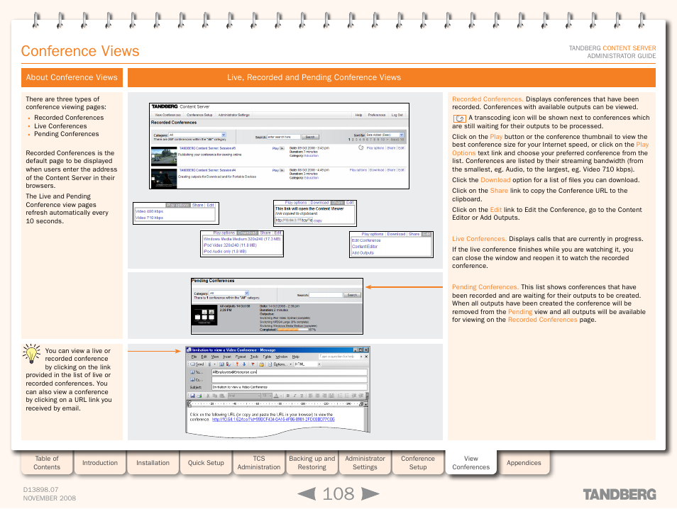 Conference views, About conference views, Live, recorded and pending conference views | TANDBERG 1D13898.07 User Manual | Page 108 / 137