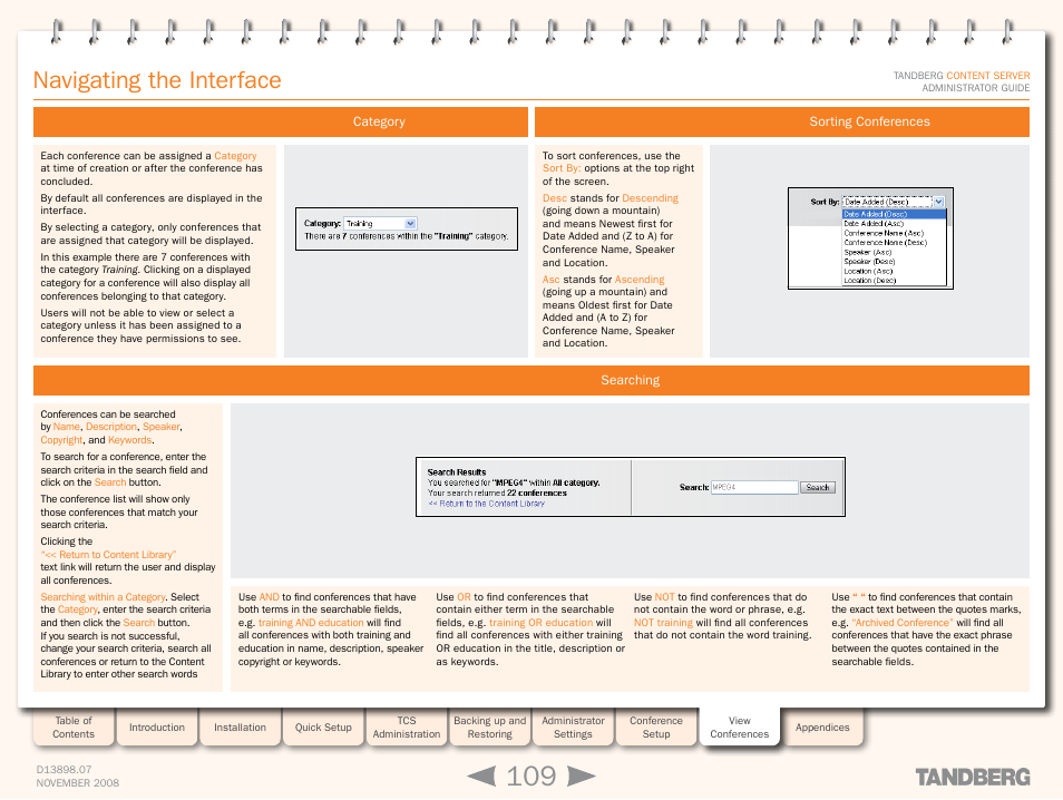 Navigating the interface, Category, Searching | Sorting conferences, Category searching sorting conferences | TANDBERG 1D13898.07 User Manual | Page 109 / 137