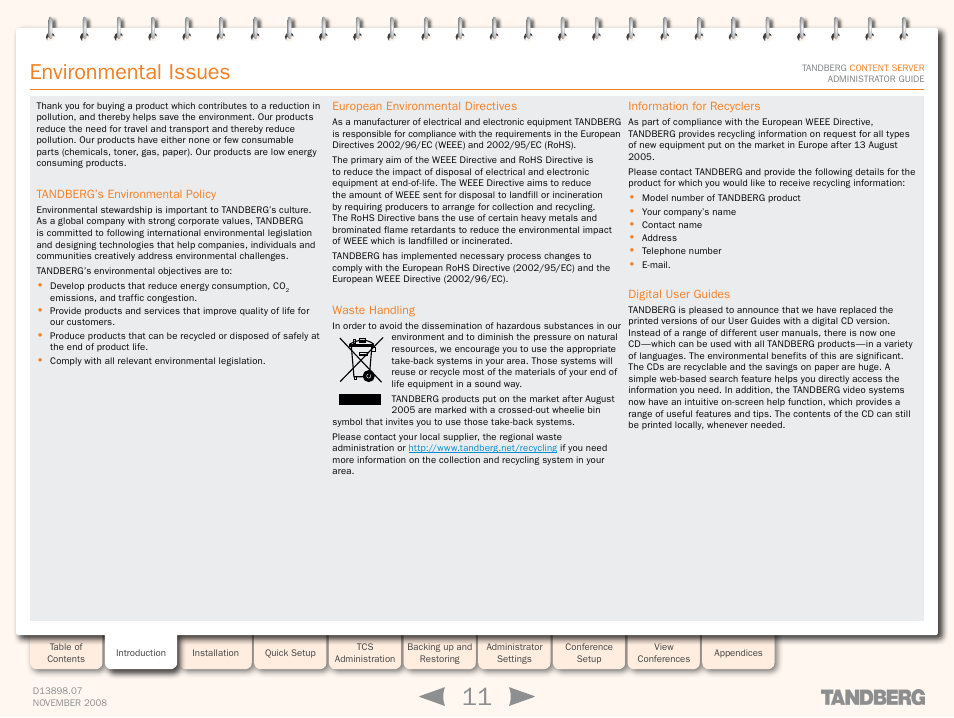 Environmental issues | TANDBERG 1D13898.07 User Manual | Page 11 / 137