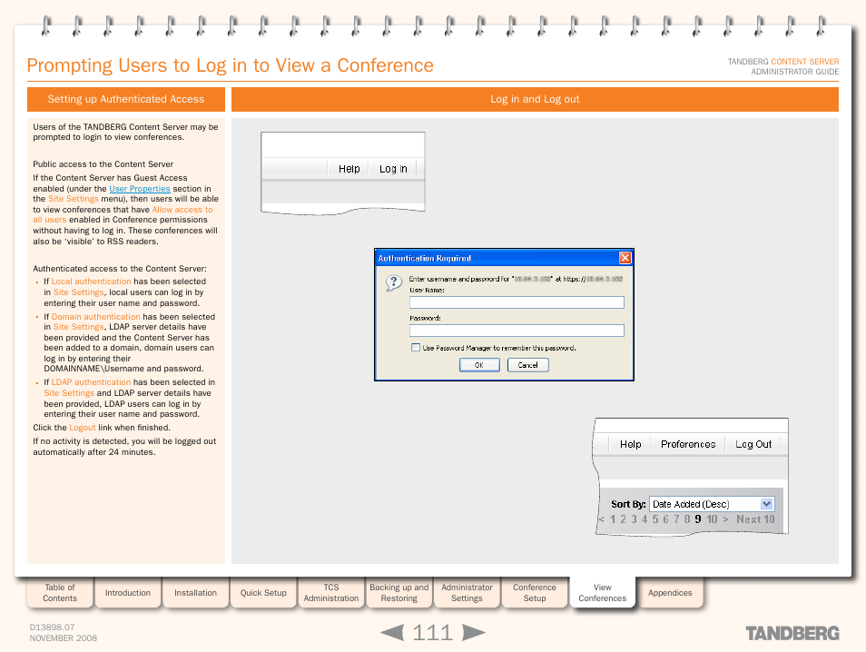 Prompting users to log in to view a conference, Setting up authenticated access, Log in and log out | Setting up authenticated access log in and log out, Prompting users to log in | TANDBERG 1D13898.07 User Manual | Page 111 / 137