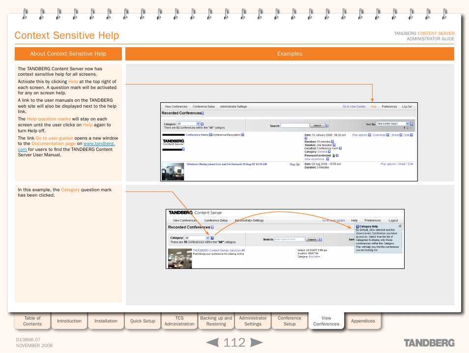 Context sensitive help, About context sensitive help, Examples | About context sensitive help examples | TANDBERG 1D13898.07 User Manual | Page 112 / 137