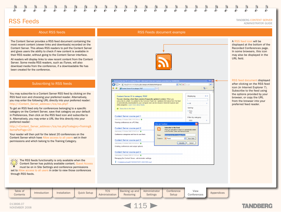 Rss feeds, About rss feeds, Subscribing to rss feeds | Rss feeds document example | TANDBERG 1D13898.07 User Manual | Page 115 / 137