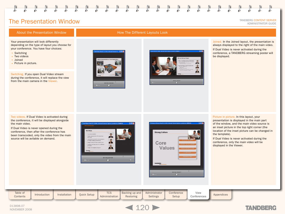 The presentation window, About the presentation window, How the different layouts look | Presentation, Window | TANDBERG 1D13898.07 User Manual | Page 120 / 137