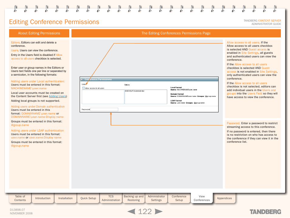 Editing conference permissions, About editing permissions | TANDBERG 1D13898.07 User Manual | Page 122 / 137