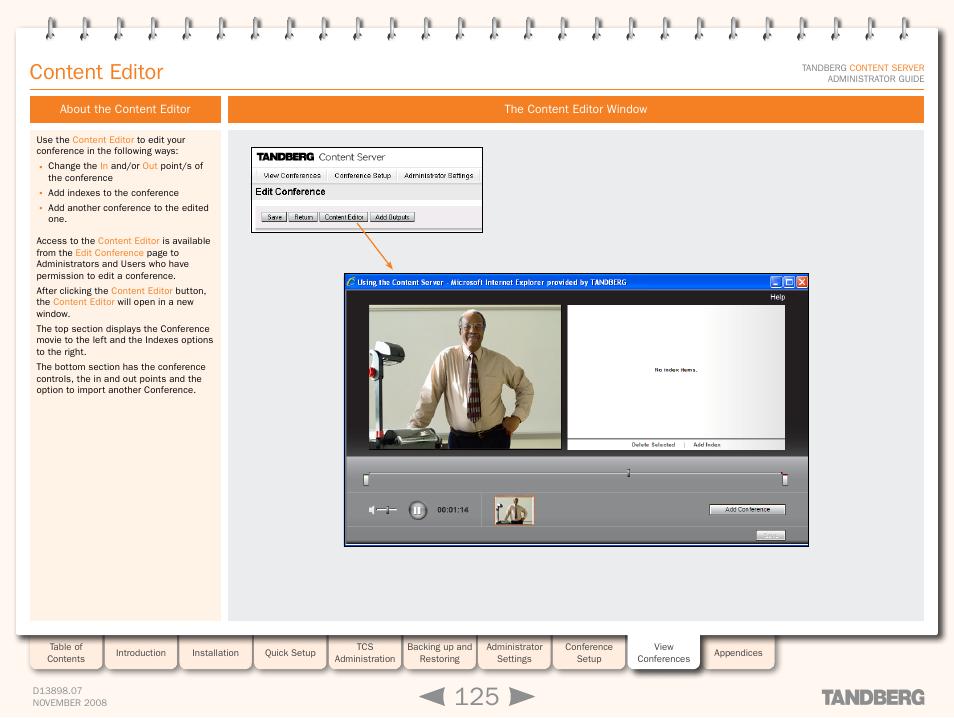 Content editor, About the content editor, The content editor window | About the content editor the content editor window | TANDBERG 1D13898.07 User Manual | Page 125 / 137