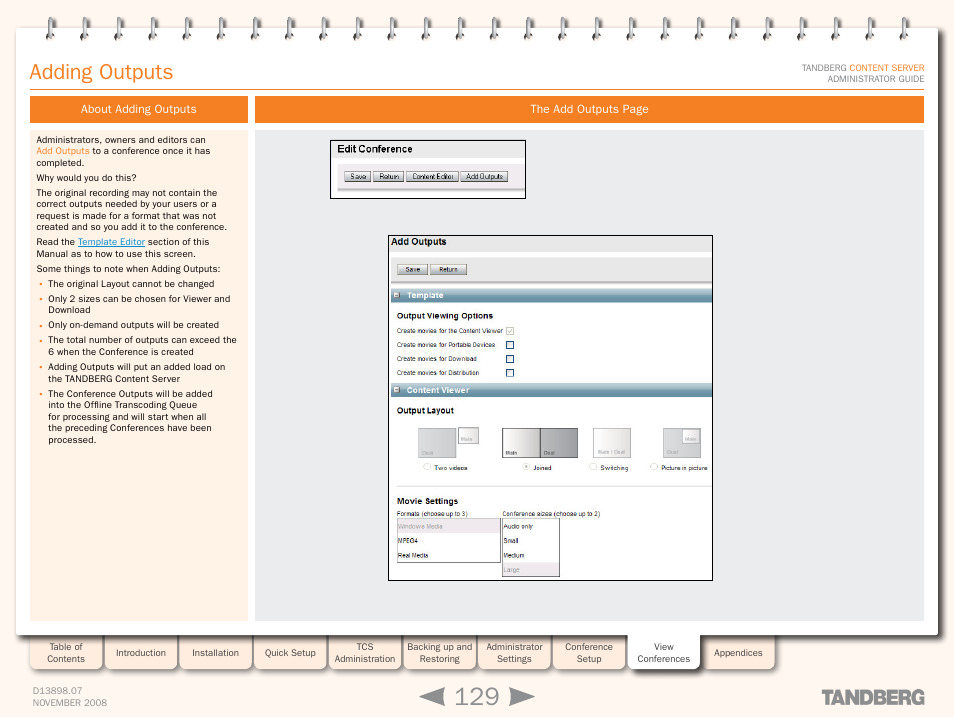 Adding outputs, About adding outputs | TANDBERG 1D13898.07 User Manual | Page 129 / 137