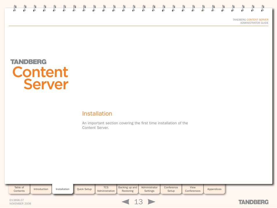 Installation, Licenses, Content server | TANDBERG 1D13898.07 User Manual | Page 13 / 137