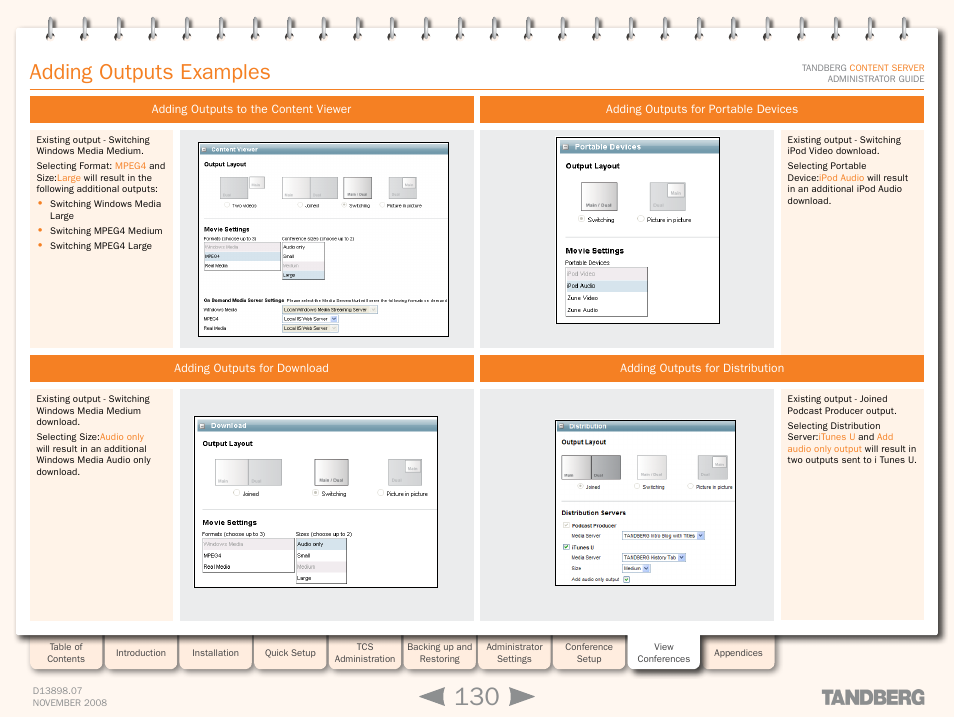 Adding outputs examples, Adding outputs to the content viewer, Adding outputs for download | Adding outputs for portable devices, Adding outputs for distribution | TANDBERG 1D13898.07 User Manual | Page 130 / 137