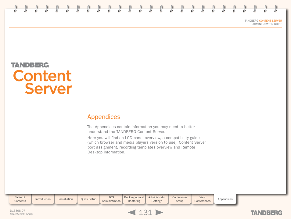 Appendices, Setup, Content server | TANDBERG 1D13898.07 User Manual | Page 131 / 137