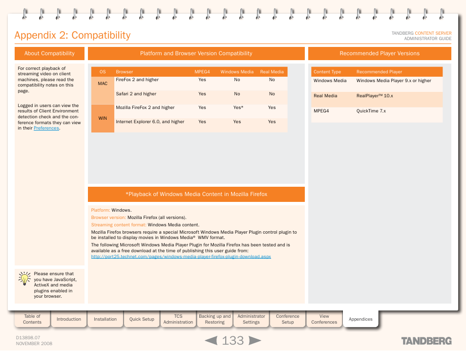 Appendix 2: compatibility, About compatibility, Platform and browser version compatibility | Recommended player versions | TANDBERG 1D13898.07 User Manual | Page 133 / 137