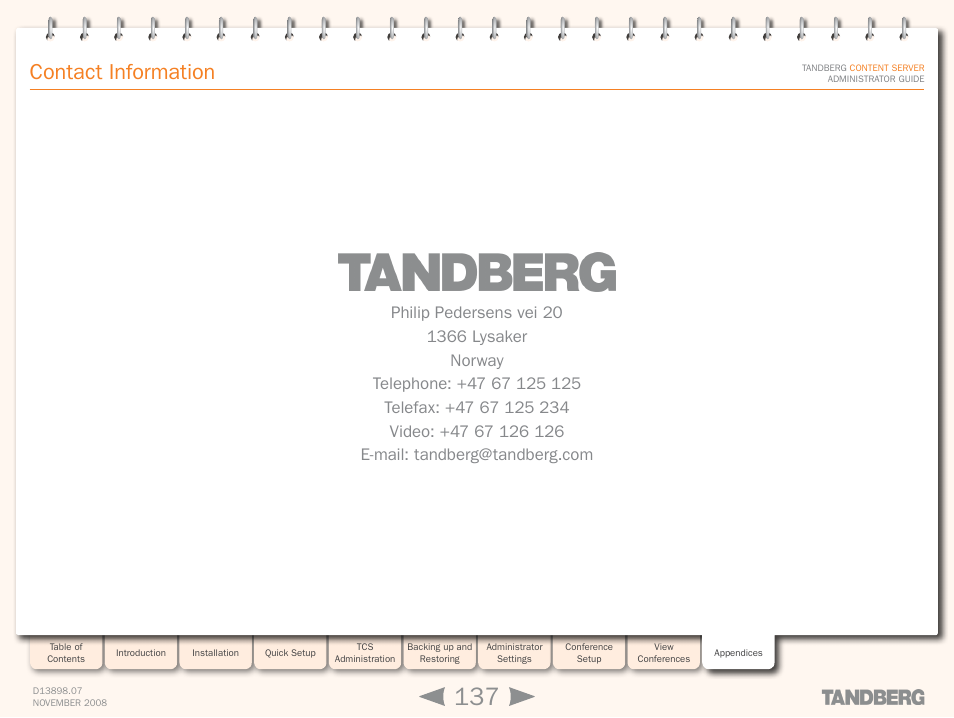 Contact information | TANDBERG 1D13898.07 User Manual | Page 137 / 137
