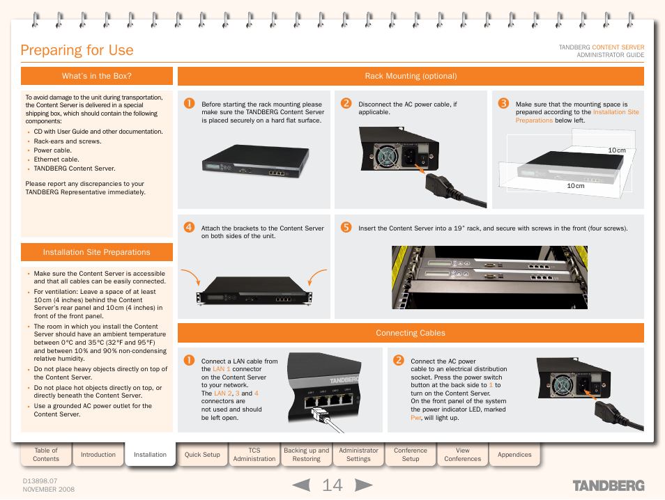 Preparing for use, What’s in the box, Installation site preparations | Rack mounting (optional), Connecting cables | TANDBERG 1D13898.07 User Manual | Page 14 / 137