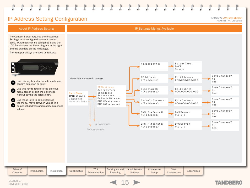 Ip address setting configuration, About ip address setting, Ip settings menus available | TANDBERG 1D13898.07 User Manual | Page 15 / 137
