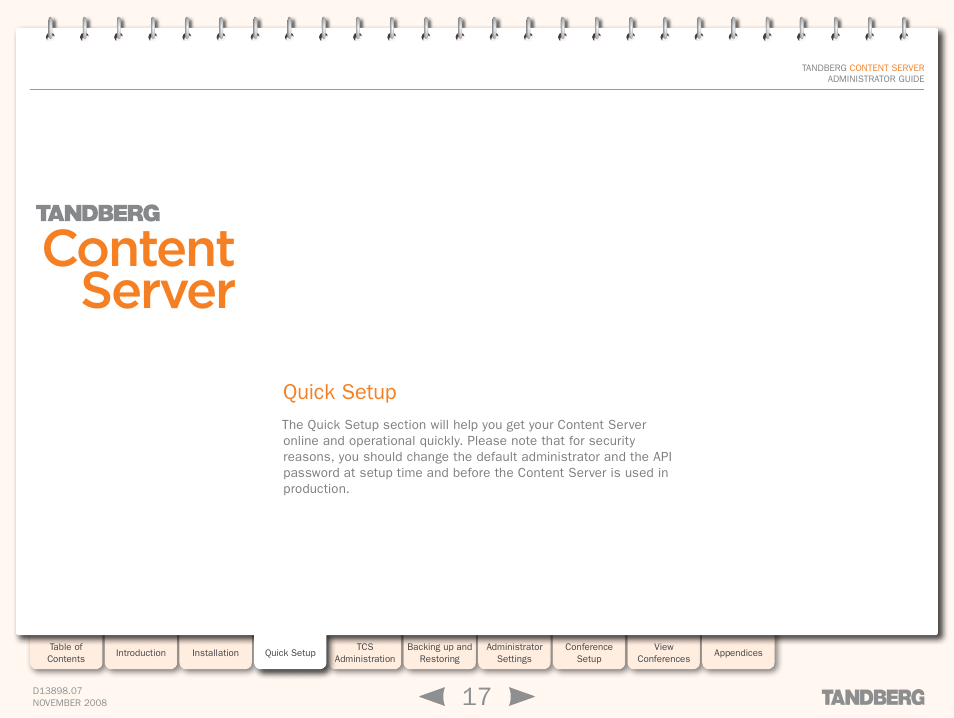 Quick setup, Environmental, Content server | TANDBERG 1D13898.07 User Manual | Page 17 / 137