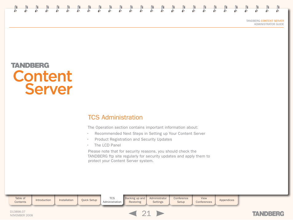 Tcs administration, Administration, Introduction | Content server | TANDBERG 1D13898.07 User Manual | Page 21 / 137