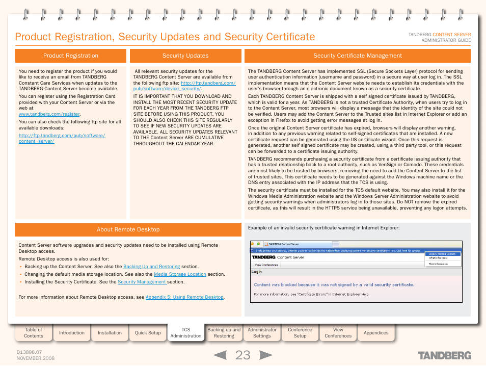 Product registration, About remote desktop, Security updates | Security certificate management, Certificate, Product registration and security update | TANDBERG 1D13898.07 User Manual | Page 23 / 137