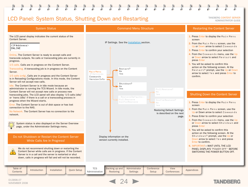System status, Command menu structure, Restarting the content server | Shutting down the content server | TANDBERG 1D13898.07 User Manual | Page 24 / 137