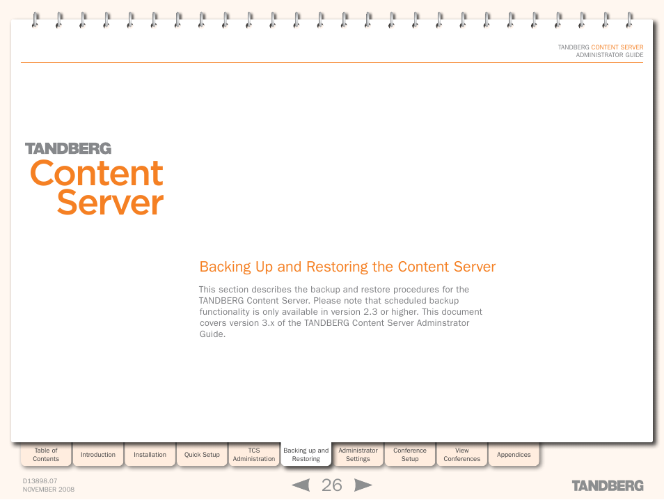 Backing up and restoring the content server, Backing up and, Restoring | Installation, Backing up and restoring, Content server | TANDBERG 1D13898.07 User Manual | Page 26 / 137