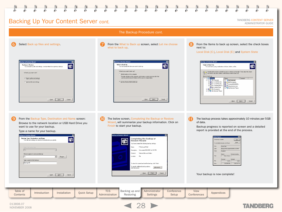 Backing up your content server, Cont | TANDBERG 1D13898.07 User Manual | Page 28 / 137