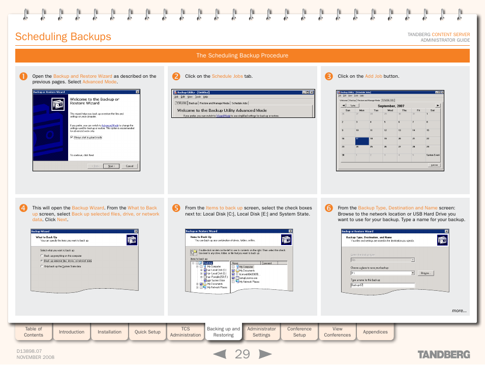 Scheduling backups, The scheduling backup procedure | TANDBERG 1D13898.07 User Manual | Page 29 / 137