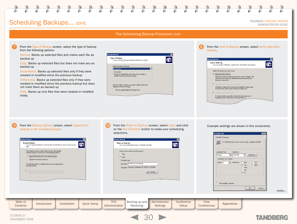 Scheduling backups, Cont | TANDBERG 1D13898.07 User Manual | Page 30 / 137