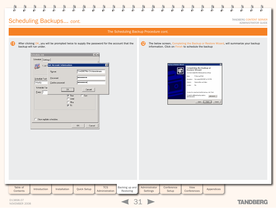 Scheduling backups, Cont | TANDBERG 1D13898.07 User Manual | Page 31 / 137