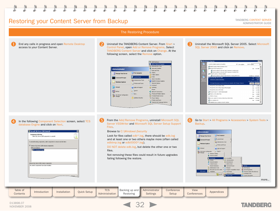 Restoring your content server from backup, The restoring procedure | TANDBERG 1D13898.07 User Manual | Page 32 / 137