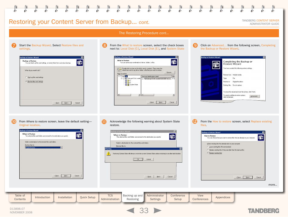 Restoring your content server from backup, Cont | TANDBERG 1D13898.07 User Manual | Page 33 / 137
