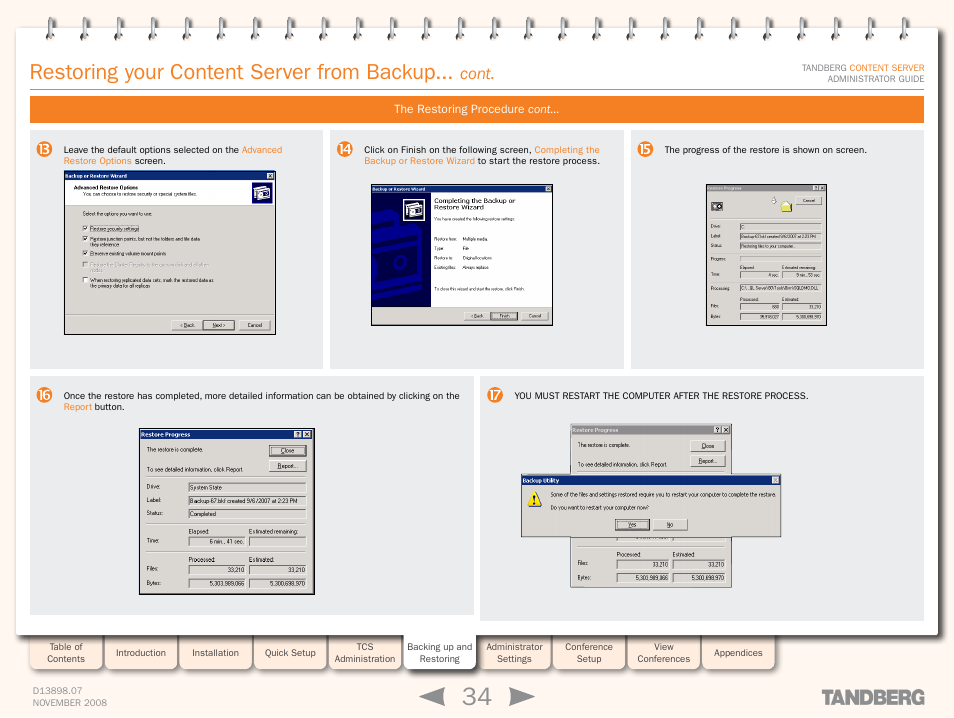 Restoring your content server from backup, Cont | TANDBERG 1D13898.07 User Manual | Page 34 / 137