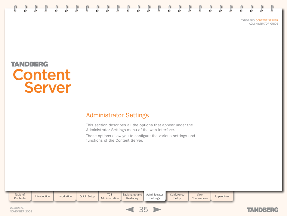 Administrator settings, Administrator, Settings | Quick setup, Content server | TANDBERG 1D13898.07 User Manual | Page 35 / 137