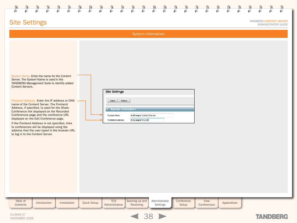 System information, Site settings | TANDBERG 1D13898.07 User Manual | Page 38 / 137