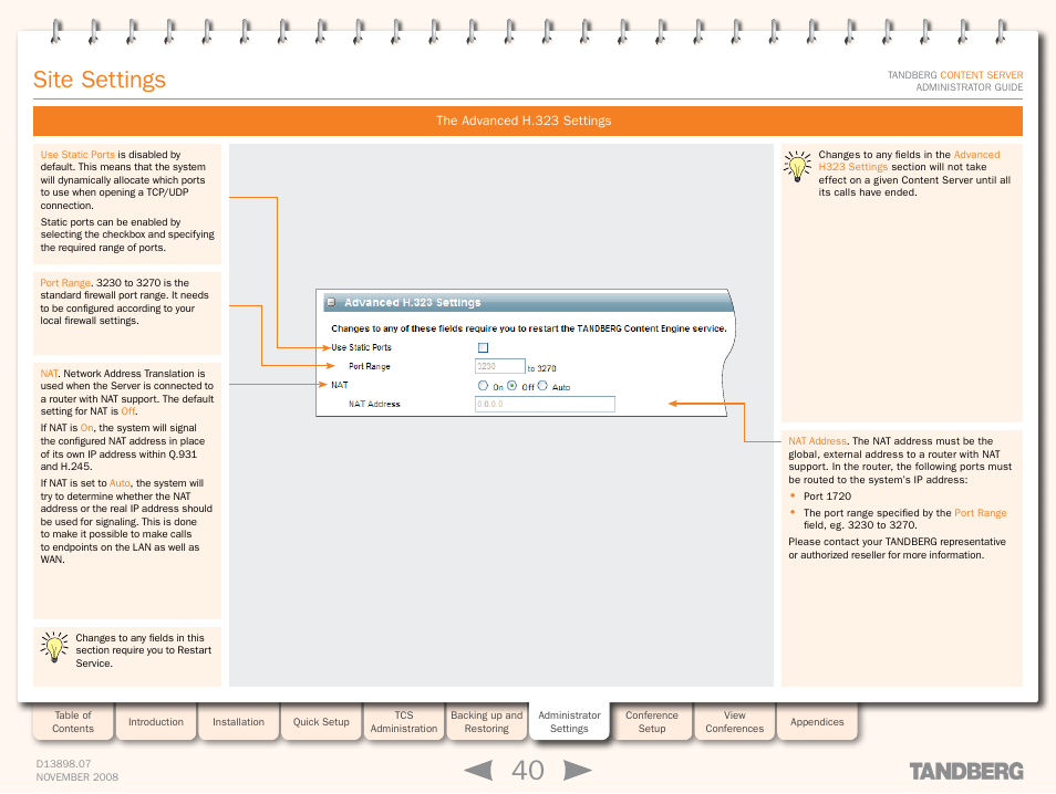 The advanced h.323 settings, Advanced h.323 settings, Site settings | TANDBERG 1D13898.07 User Manual | Page 40 / 137
