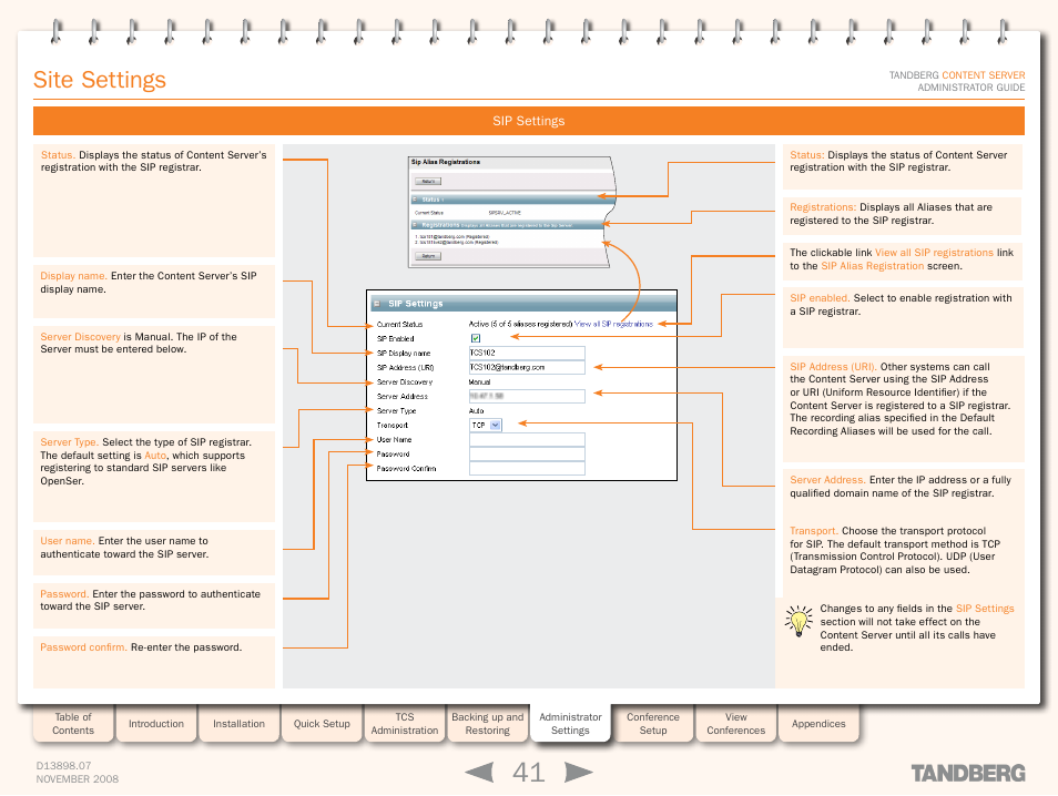 Sip settings, Site settings | TANDBERG 1D13898.07 User Manual | Page 41 / 137