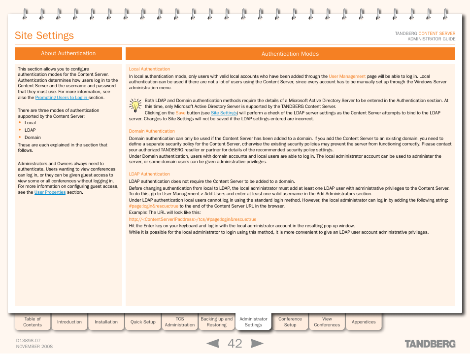 About authentication, Authentication modes, About authentication authentication modes | Authentication, Site settings | TANDBERG 1D13898.07 User Manual | Page 42 / 137