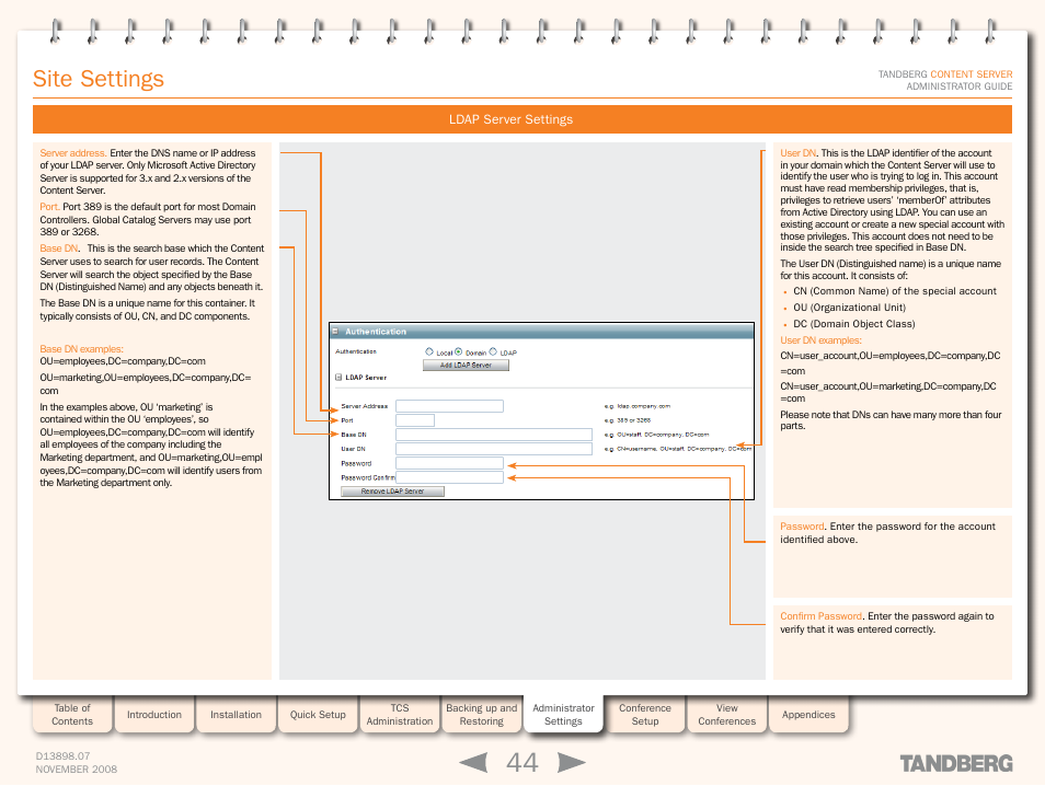 Ldap server settings, Site settings | TANDBERG 1D13898.07 User Manual | Page 44 / 137