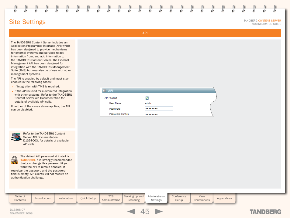 Site settings | TANDBERG 1D13898.07 User Manual | Page 45 / 137