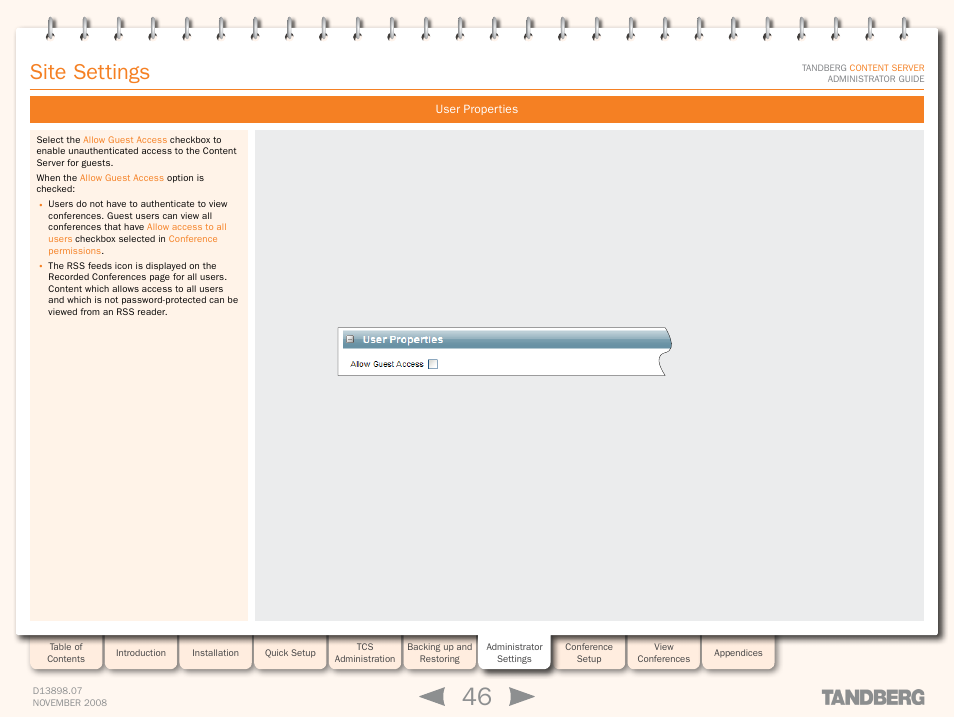 User properties, Site settings | TANDBERG 1D13898.07 User Manual | Page 46 / 137