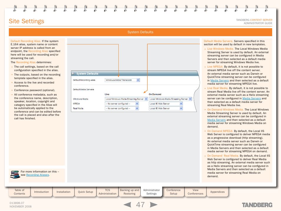 System defaults, Site settings | TANDBERG 1D13898.07 User Manual | Page 47 / 137