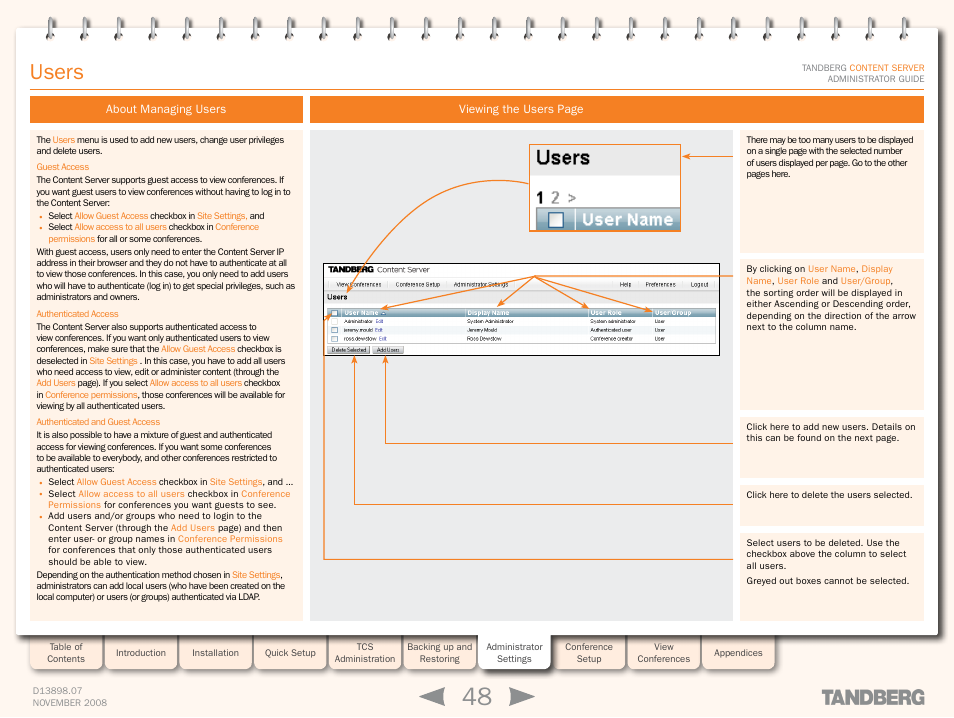 Users, About managing users, User management | TANDBERG 1D13898.07 User Manual | Page 48 / 137