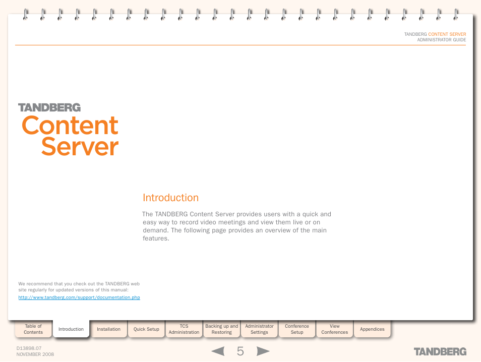 Introduction, Content server | TANDBERG 1D13898.07 User Manual | Page 5 / 137