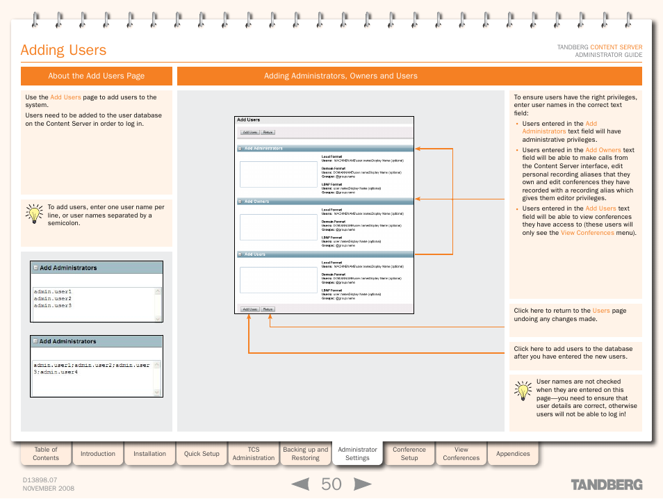 Adding users, Adding administrators, owners and users | TANDBERG 1D13898.07 User Manual | Page 50 / 137