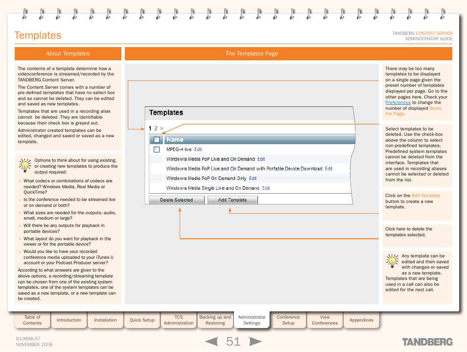 Templates, About templates, Section | TANDBERG 1D13898.07 User Manual | Page 51 / 137