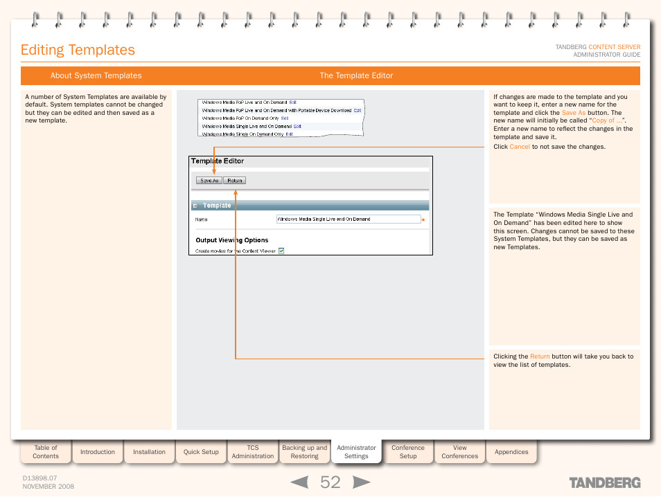 Editing templates, About system templates, The template editor | About system templates the template editor | TANDBERG 1D13898.07 User Manual | Page 52 / 137