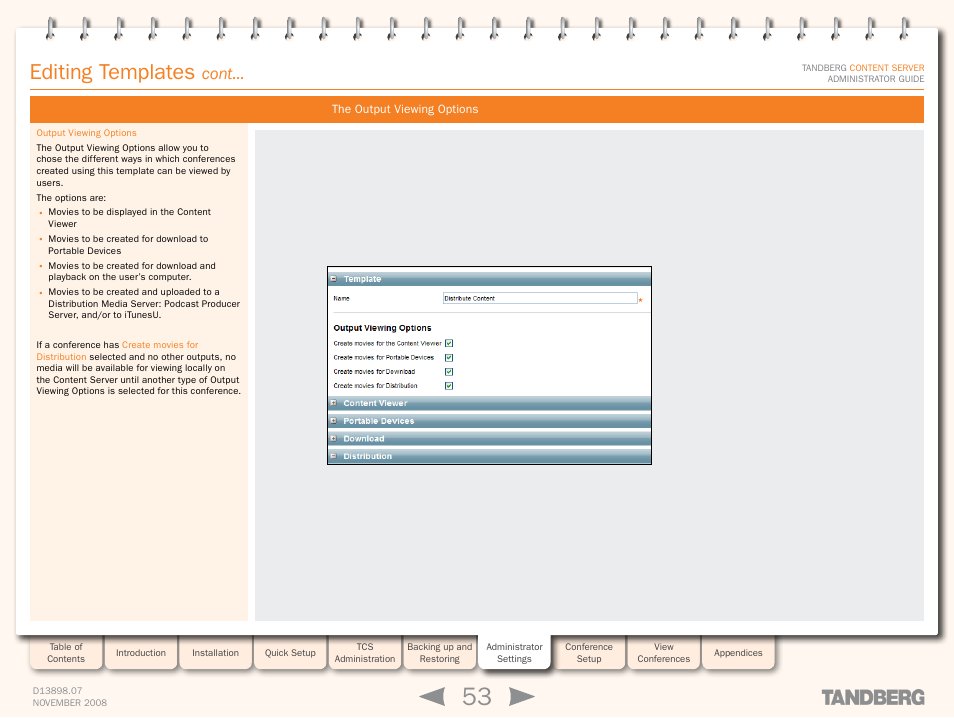 The output viewing options, Editing templates, Cont | TANDBERG 1D13898.07 User Manual | Page 53 / 137