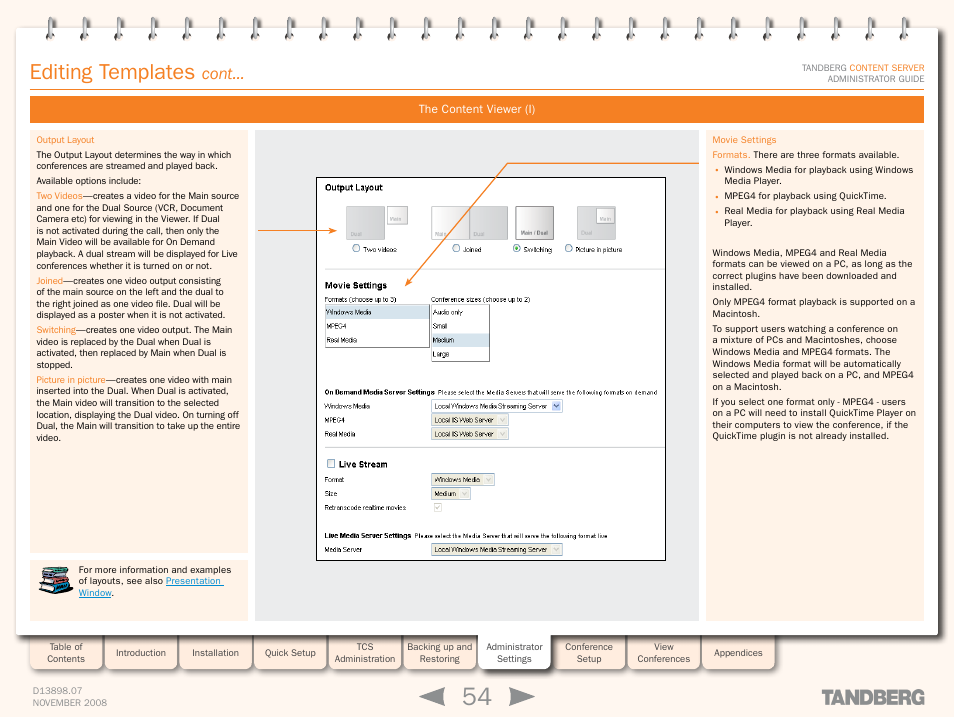 The content viewer (i), Editing templates, Cont | TANDBERG 1D13898.07 User Manual | Page 54 / 137