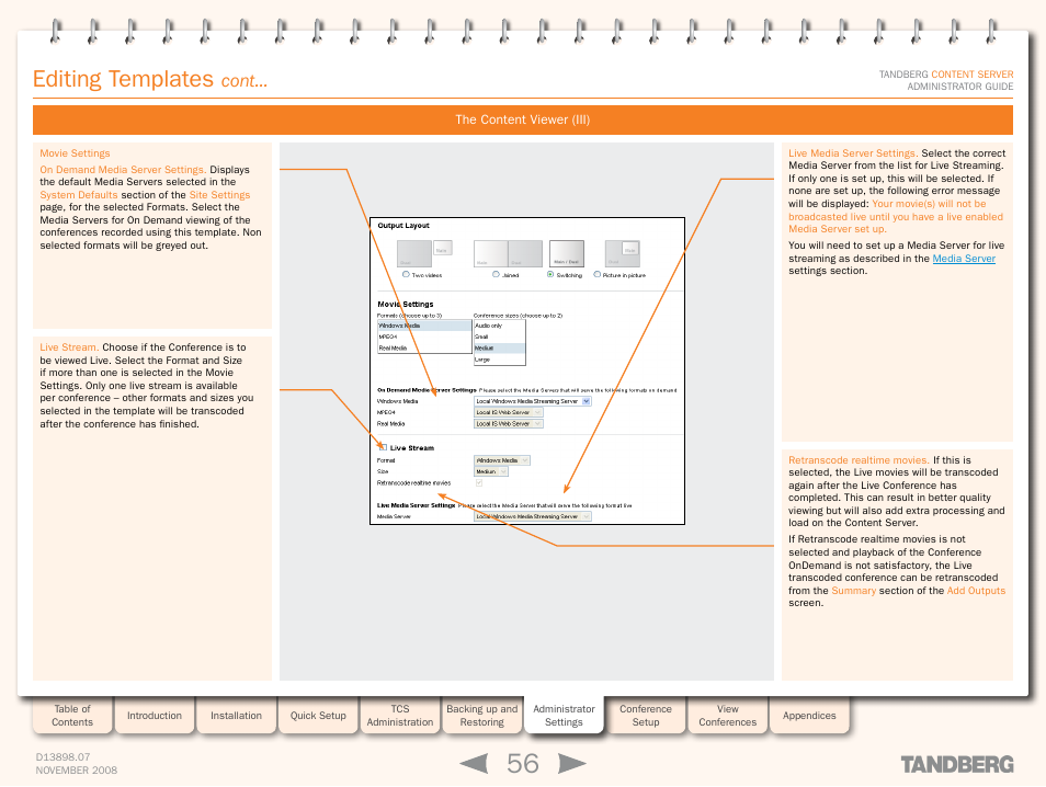 The content viewer (iii), Editing templates, Cont | TANDBERG 1D13898.07 User Manual | Page 56 / 137